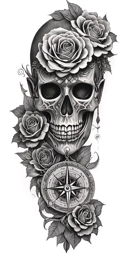 roses, Japanese death mask, compass, mythology tattoo tattoo design idea