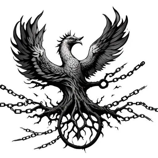 flaming Gaelic tree of life with phoenix rising to the left and chains that are breaking free tattoo design idea