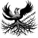 flaming Gaelic tree of life with phoenix rising to the left and chains that are breaking free tattoo design idea