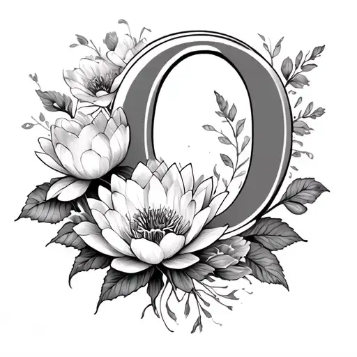 draw a feminine shoulder tattoo with the letter O, water lily, poppy, and peony flowers tattoo design idea