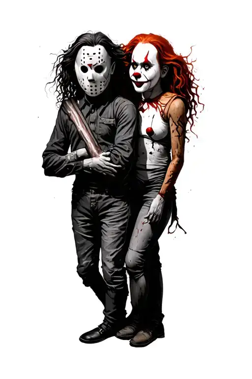 sam from trick r treat horror with jason voorhees and pennywise standing together  tattoo design idea