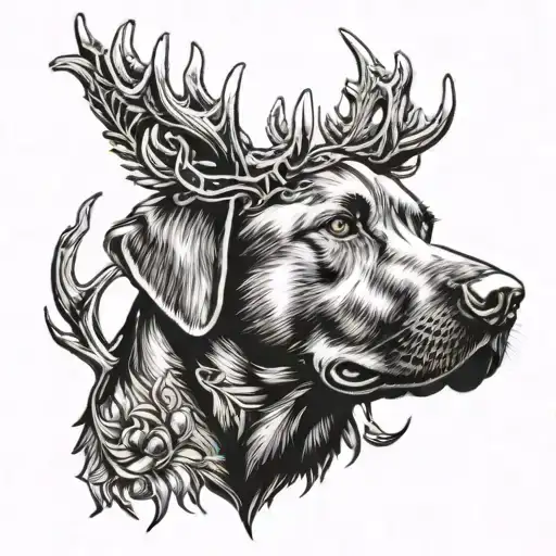 A blackwork tattoo of a Labrador retriever with antlers, combining the client's love for labs and hunting tattoo design idea