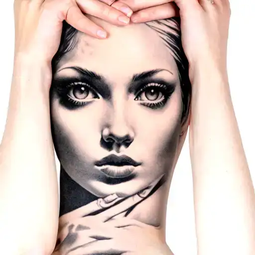 sexy pale woman, big eyes, big breasts, tied hands tattoo design idea