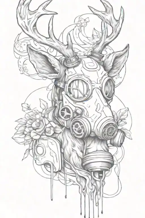 deer with gas mask surrounded tattoo design idea