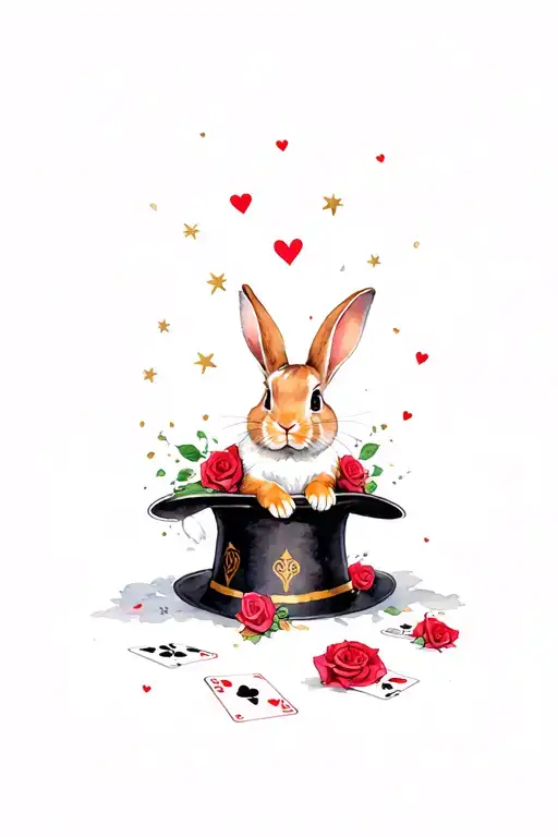 Rabbit coming out of a magicians hat with roses, heart playing cards and roses scattered on the floor. Stars going up tattoo design idea