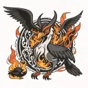 lucifer hazbin hotel surrounded by flame and duck tattoo design idea