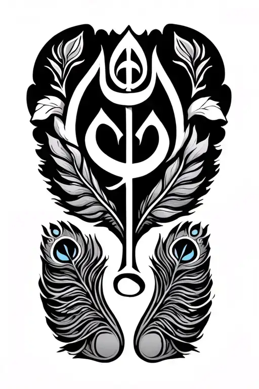 sikh Khanda symbol at top, followed by bow and arrow within lotus, peacock feather, and Vishnu's footprints at bottom tattoo design idea