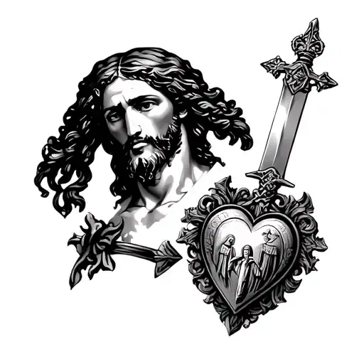 external closure of arm, Jesus, sacred heart, with warrior with sword and Saint Benedict medal tattoo design idea