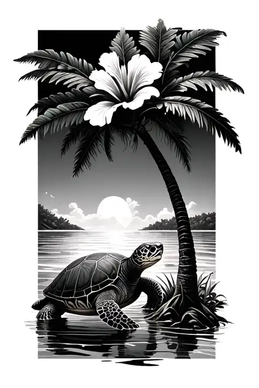 hibiscus flower blooming sea turtle and palm tree growing tattoo design idea