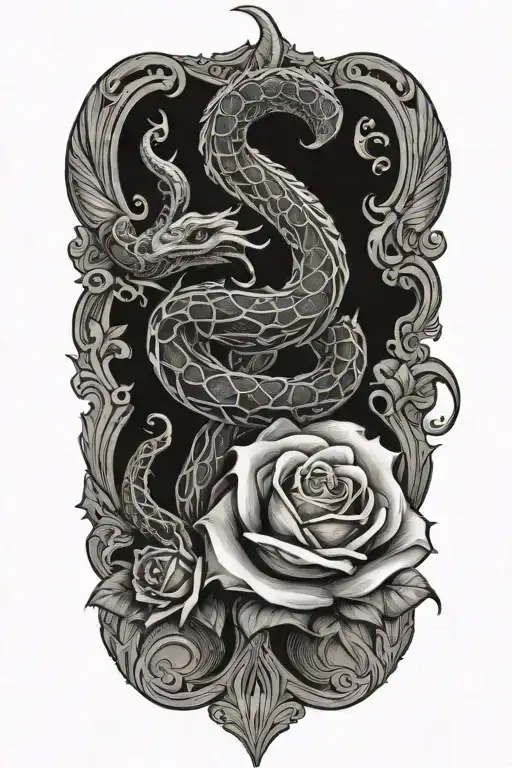 Fractal serpent rising from knee, coiling around a flaming rose blooming on the thigh, glowing with light. tattoo design idea