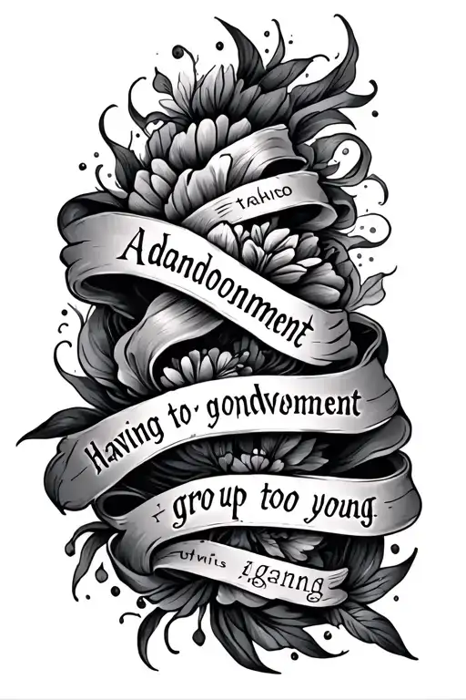 A half sleeve tattoo with elements flowing together of the following words: abandonment, having to grow up too young, ad tattoo design idea