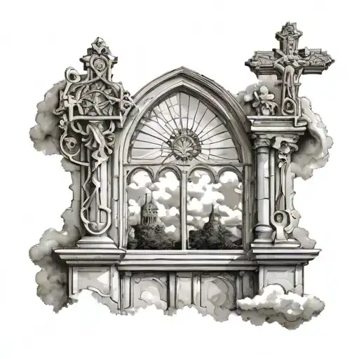 CHURCH WINDOW CHRISTIAN DESIGNED STATUES FRONT ARM OUTSIDE SIDES CLOUDS tattoo design idea