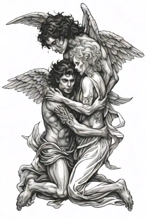 angel and demon hugging each other tattoo design idea