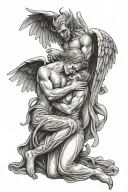 angel and demon hugging each other tattoo design idea
