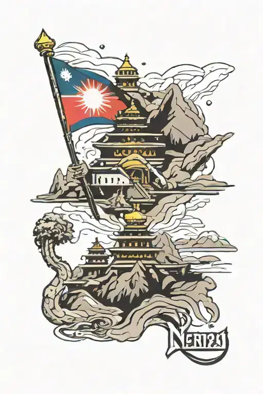 nepal flag Everest and and backpacker exploring tattoo design idea