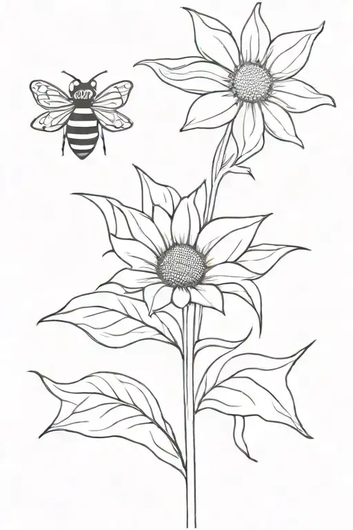 one sunflower with stem with bee flying and I love you more tattoo design idea
