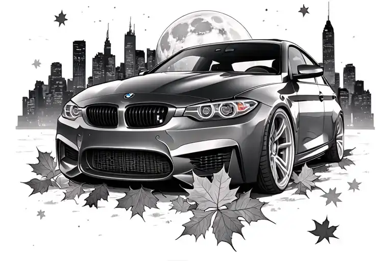 BMW driving towards the Toronto skyline in the night with maple leaves and stars and full moon tattoo design idea