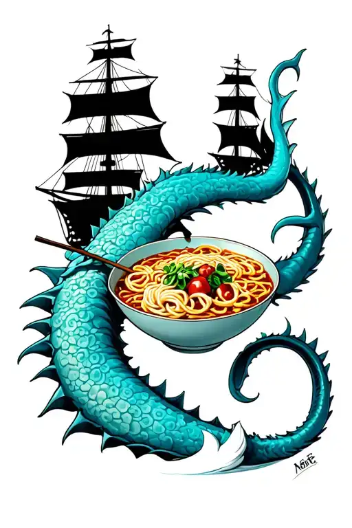 a ramen bowl sea monster attaching pirate ships tattoo design idea