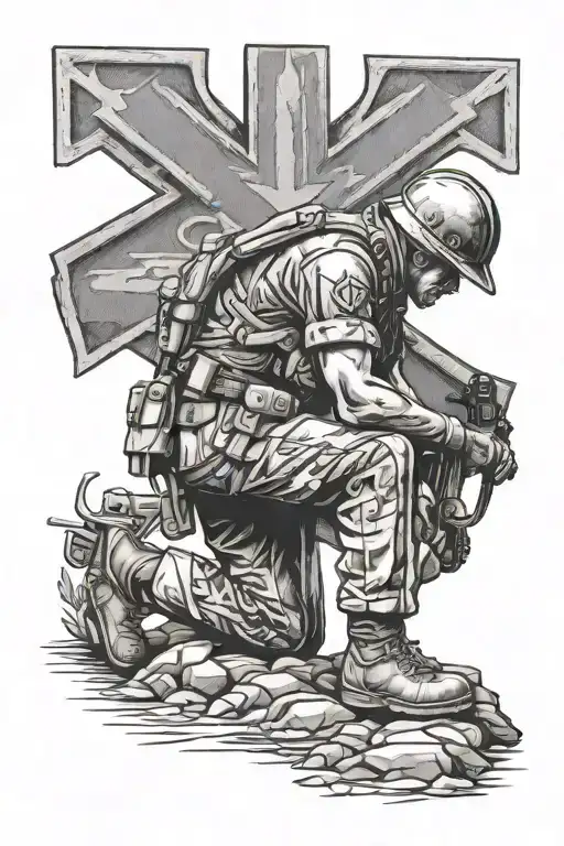 kneeling soldier cross fallen soldier memorial tattoo design idea