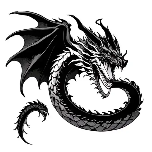 Black and white irezumi style tattoo, a serpentine dragon with bony wings coiled vertically, a single detailed black ros tattoo design idea