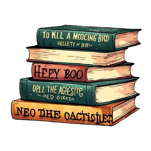 Only four books stacked, To Kill a Mocking bird, Hey Boo, delete the adjectives , no birds tattoo design idea