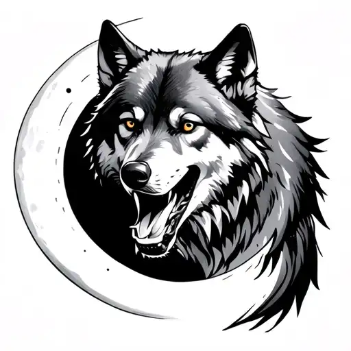 wolf biting moon tattoo design idea
