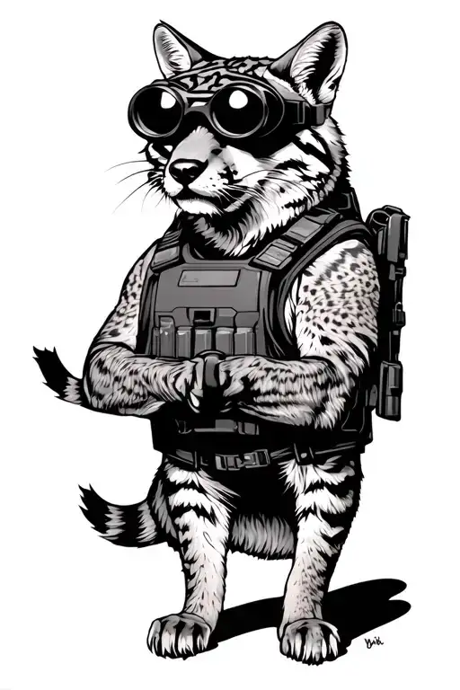Bobcat wearing night vision goggles and a bulletproof vest tattoo design idea