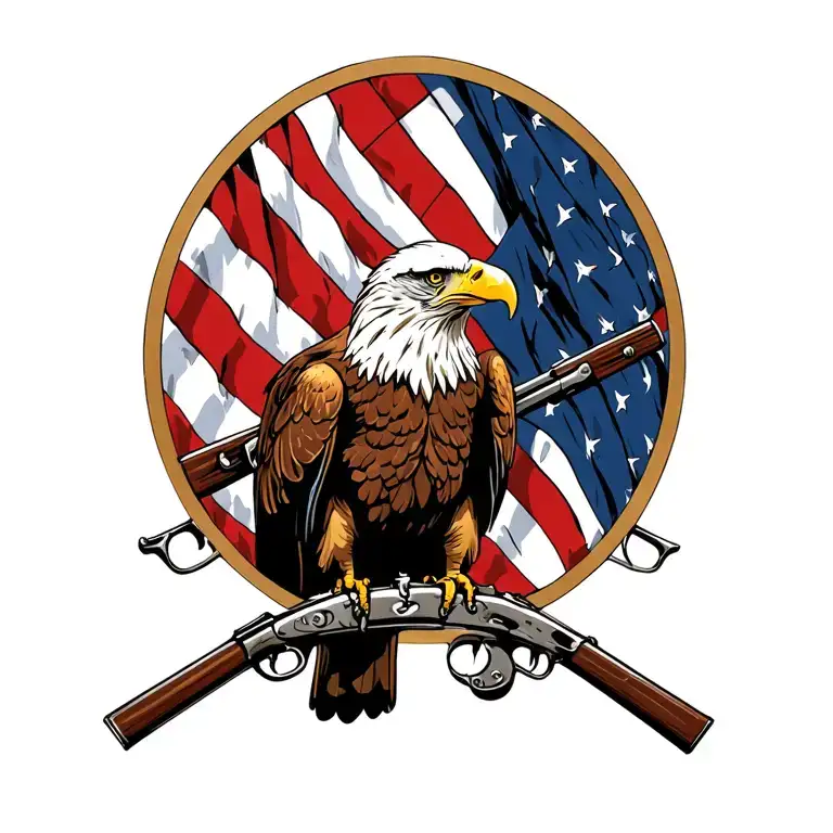 Bald Eagle perched on 2 old muskets crossed like an X with an American flag waving in the background. tattoo design idea