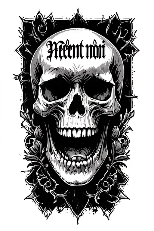 skull mouth open memento mori text tattoo design idea