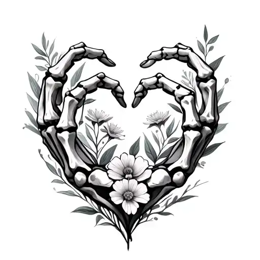 skeleton hands heart shaped wild flowers tattoo design idea
