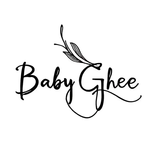 The name “Baby Ghee” written in cursive, flowing naturally.The last letter "e" in "Ghee" extends into a continuous fin tattoo design idea