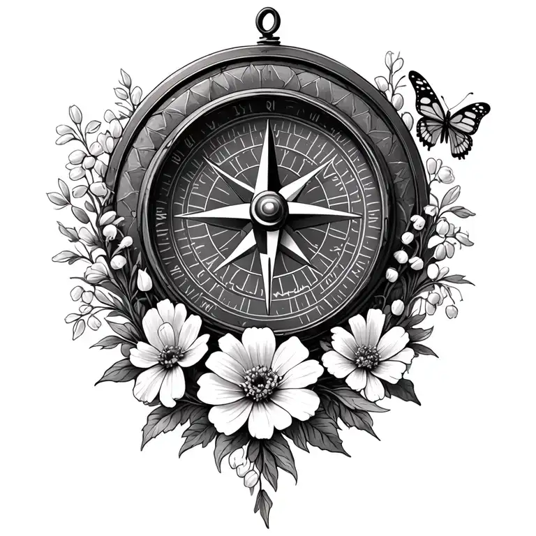 compass surrounded by carnations, lily of the valley flowers, snowdrops, cosmos and a butterfly tattoo design idea