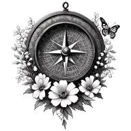 compass surrounded by carnations, lily of the valley flowers, snowdrops, cosmos and a butterfly tattoo design idea