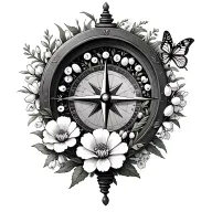 compass surrounded by carnations, lily of the valley flowers, snowdrops, cosmos and a butterfly tattoo design idea