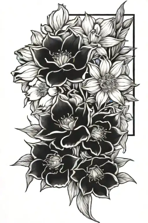 crysanthemums, poppys, narcissus, and daffodil bouquet tattoo design idea