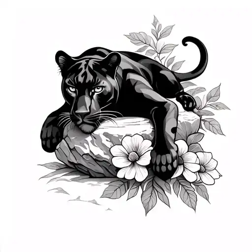 tattoo of a black panther resting on a stone surrounded by flowers on the full forearm, with better quality tattoo design idea