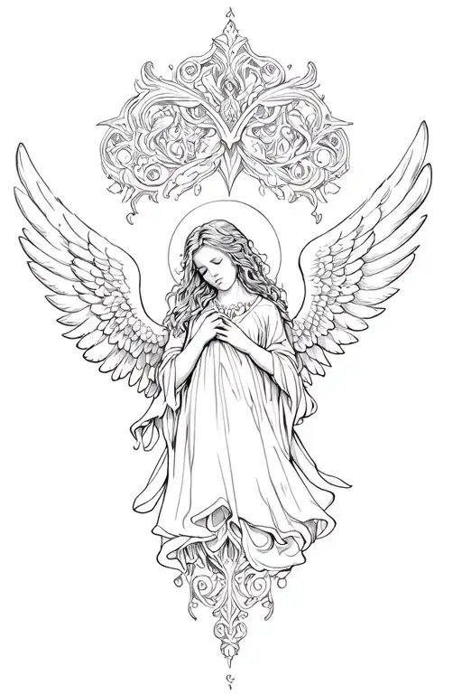gothic ornamental style sleepy angel lineart tattoo design idea