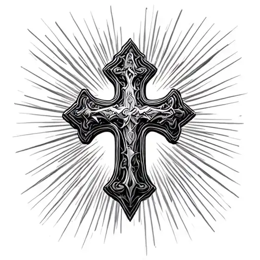 A detailed black and grey tattoo design of a realistic cross with intricate engravings, surrounded by rays of light. A p tattoo design idea