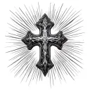 A detailed black and grey tattoo design of a realistic cross with intricate engravings, surrounded by rays of light. A p tattoo design idea