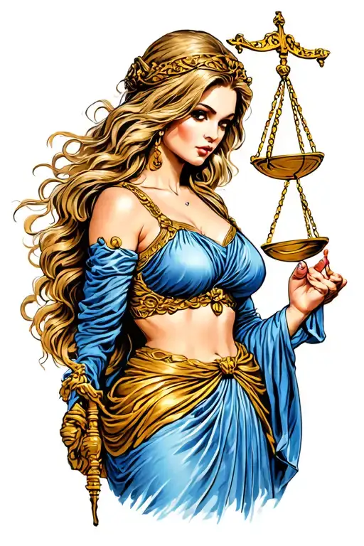 stading sexy lady of justice holding scales of justice in one hand  tattoo design idea