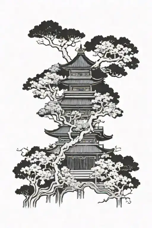 Japanese temple in the middle, treelines at the bottom with half treeline dead and the other half blossoms tattoo design idea