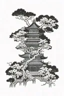 Japanese temple in the middle, treelines at the bottom with half treeline dead and the other half blossoms tattoo design idea