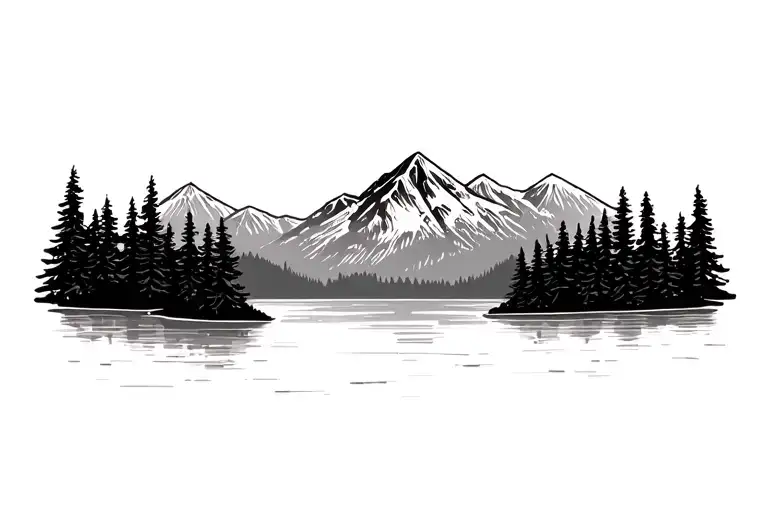 mountain outline with trees and a lake in the foreground tattoo design idea