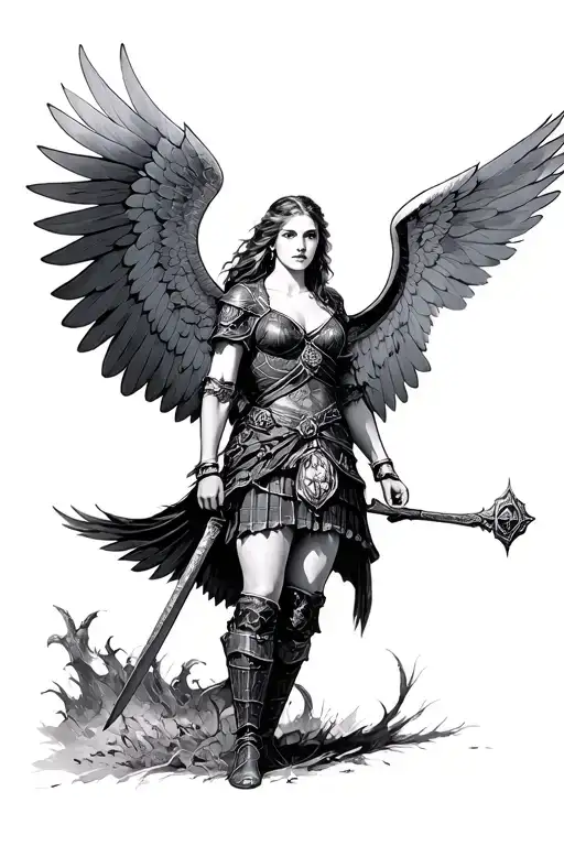 Scottish Valkyrie with wings spread wide tattoo design idea