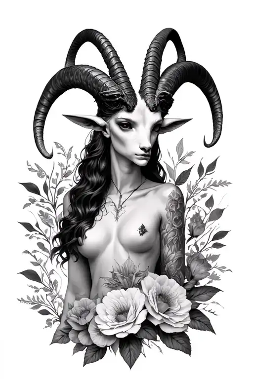 baphomet Capricorn  full body flowers tattoo design idea