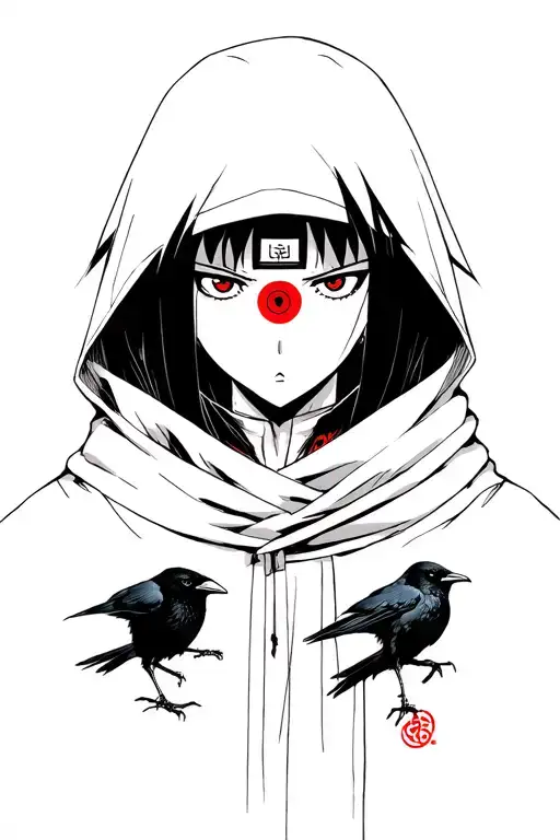 Itachi Uchiha with sharingan eyes wearing akatsuki cloak fading into crows tattoo design idea
