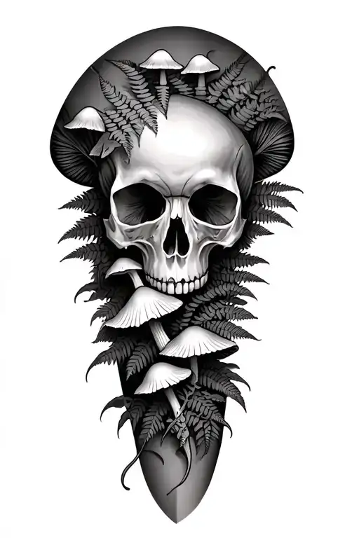 leaves mushroom wrap around leg ferns skull tattoo design idea