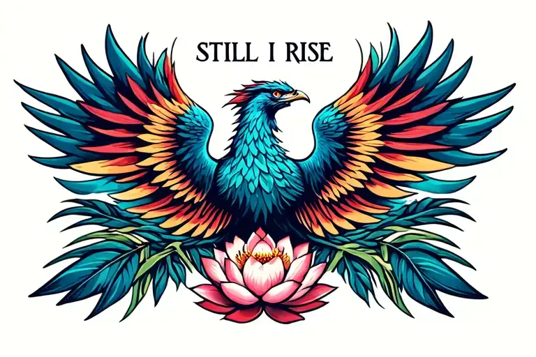 "STILL I RISE" a phoenix rising with lotus flower surrounded tattoo design idea