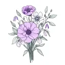 Carnation, violet, snowdrops, and primrose bouquet tattoo design idea