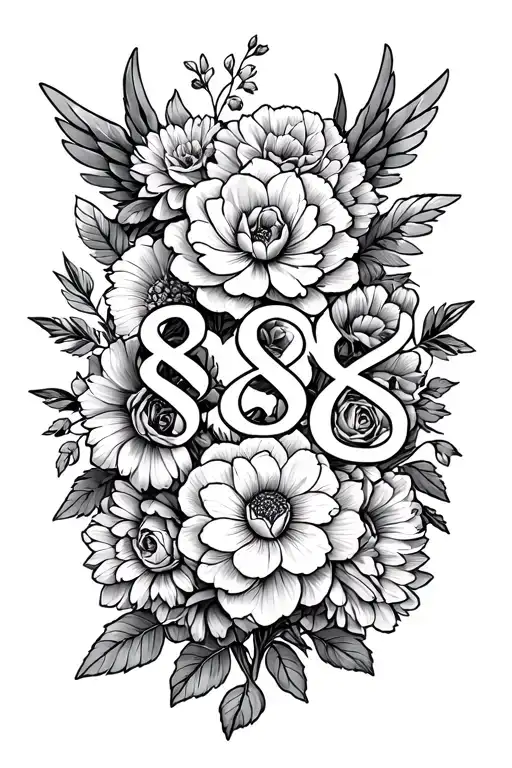 Ranunculus, rose, and dahlia flower bouquet angel number 888 tattoo design idea